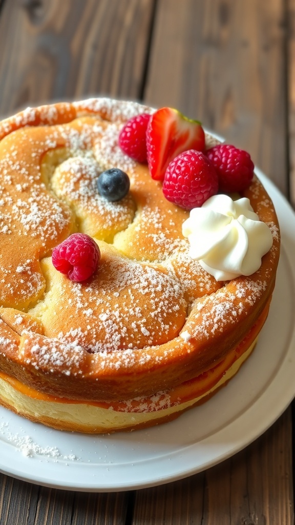 Three flour cake dusted with powdered sugar, garnished with berries and whipped cream on a rustic table.